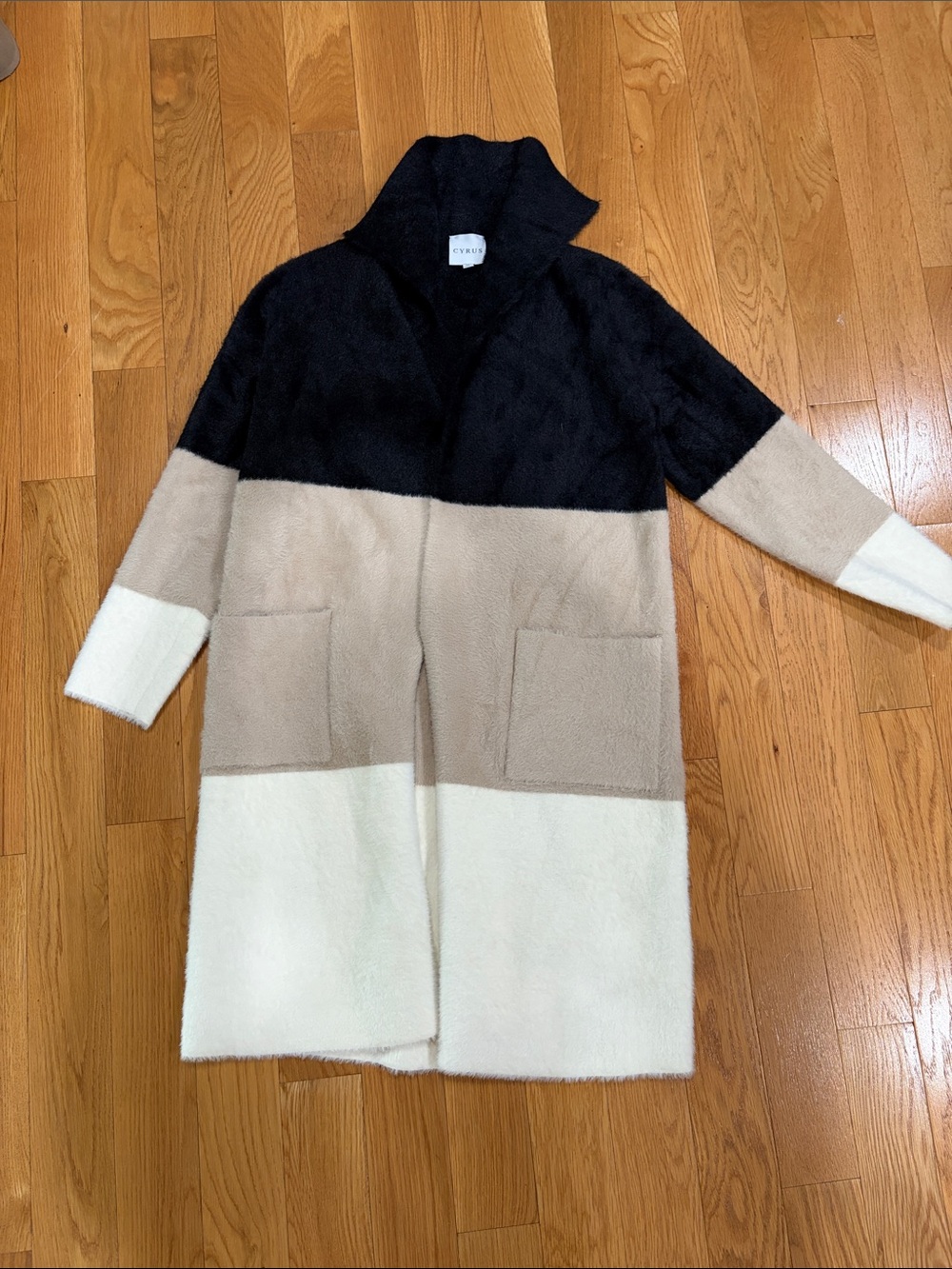 Cyrus Black Taupe Cream Colorblock Open-Front Long Coat